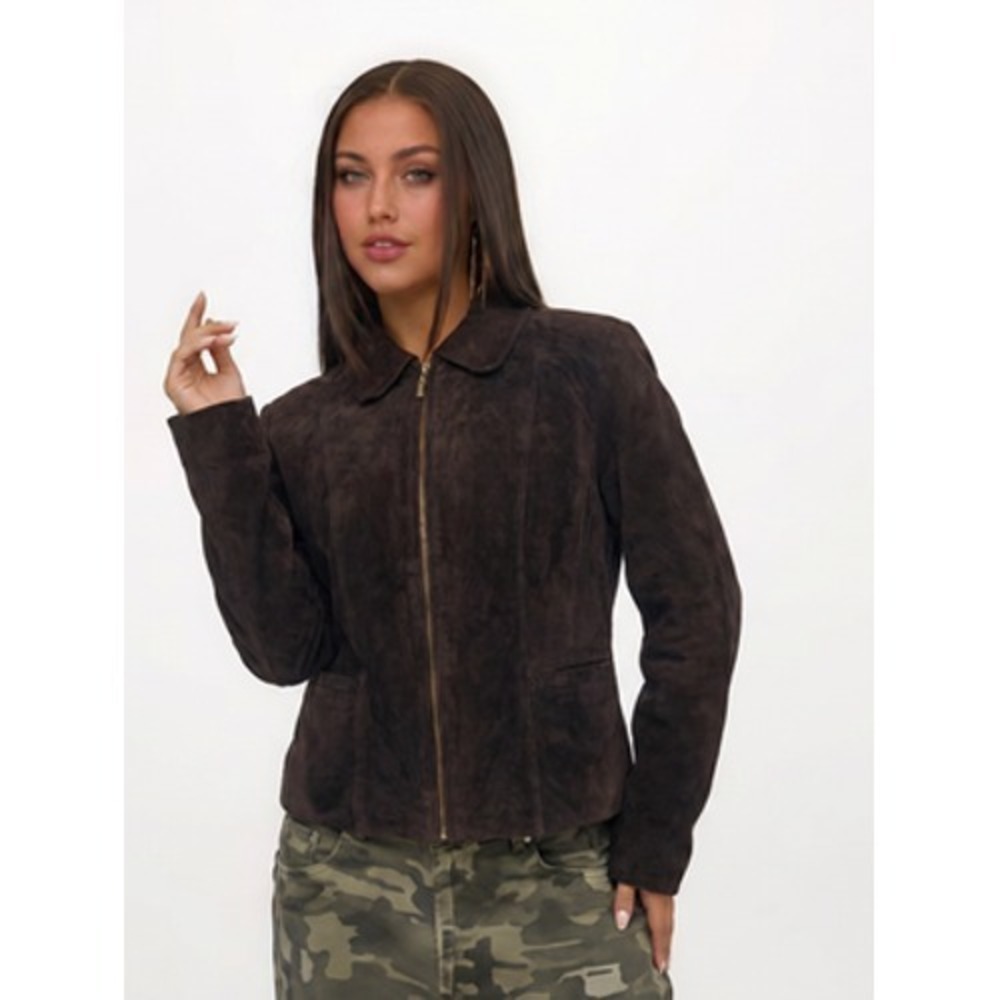 Eddie Bauer Jacket‎ Womens XL Brown Washable Suede Full Zip Lined Collared Short